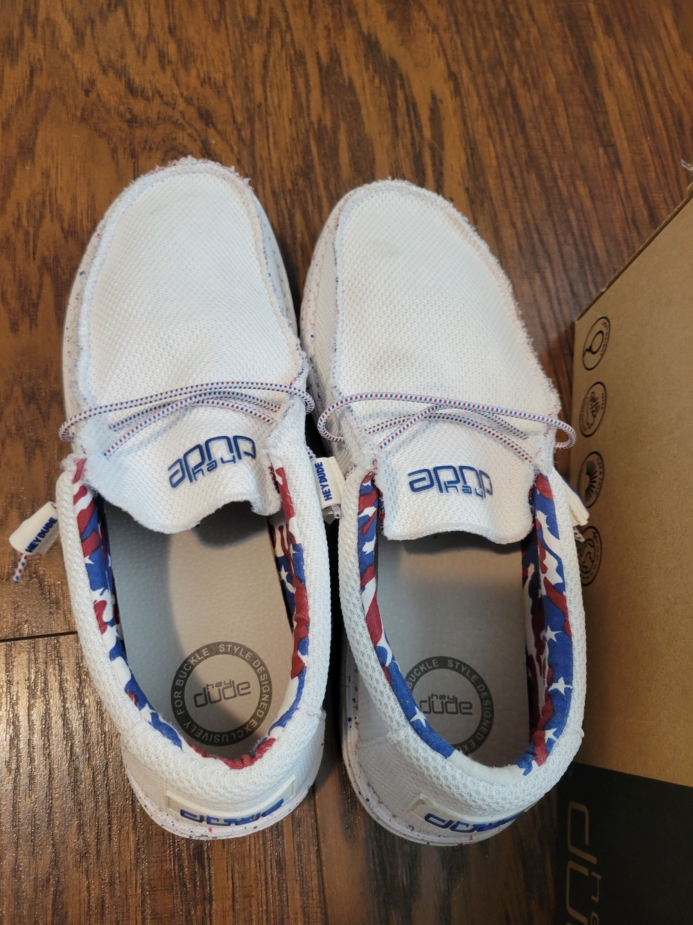 Hey Dude 4th Of July White Slip-On Sneakers with Red & Blue Star Lining - Picture 10 of 10